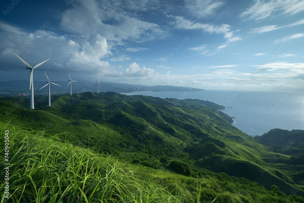 Wind turbines windmill energy farm. Green energy concept. Wind turbines windmill energy farm. Green energy concept.
