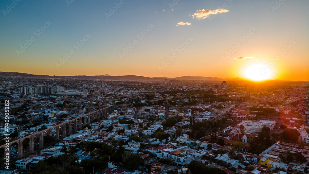 Aerial Dron view of sunset at Queretaro City