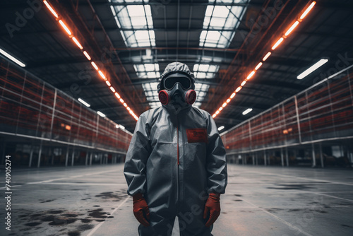 Man in mask and protective clothing inside an empty warehouse photo
