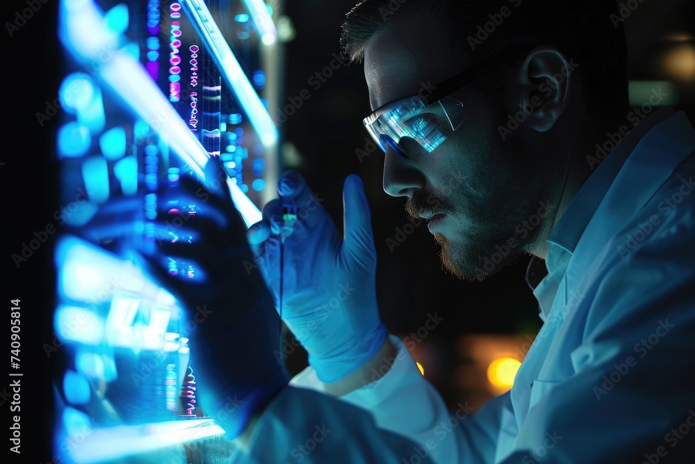 A man wearing a lab coat carefully examines data displayed on a computer screen in a scientific laboratory setting, Glowing genetic analysis in a dark laboratory, AI Generated A man wearing a lab coat carefully examines data displayed on a computer screen in a scientific laboratory setting, Glowing genetic analysis in a dark laboratory, AI Generated