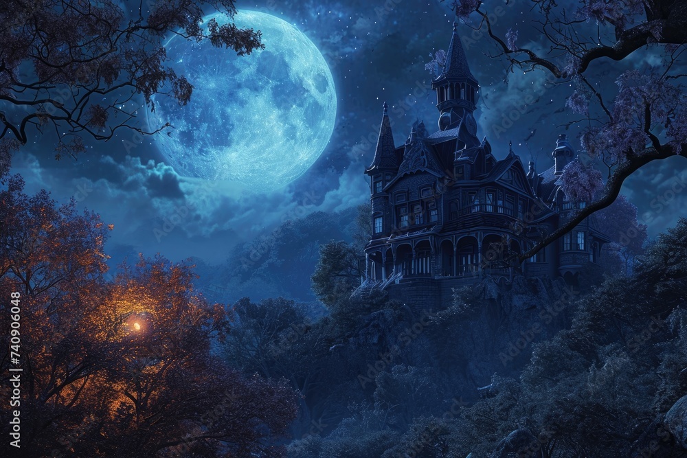 A stunning castle stands illuminated under the captivating glow of a full moon, Glowing haunted mansion on a hill overlooked by a full moon, AI Generated