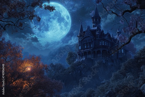 A stunning castle stands illuminated under the captivating glow of a full moon, Glowing haunted mansion on a hill overlooked by a full moon, AI Generated