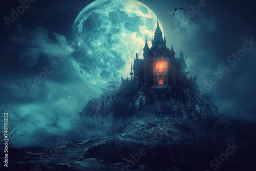 A photo of a majestic castle situated on a hill, with a full moon shining brightly in the background, Glowing haunted mansion on a hill overlooked by a full moon, AI Generated © Iftikhar alam