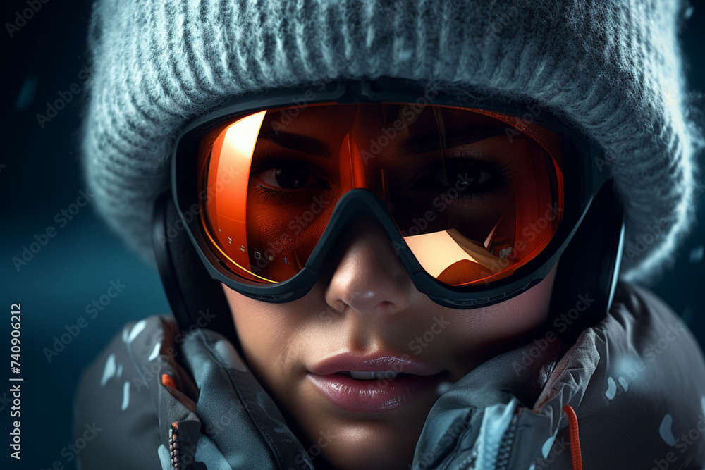Portrait of a female skier wearing protective goggles Portrait of a female skier wearing protective goggles