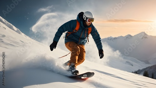 snowboarder on the slope. A man riding a snowboard down a snow covered slope