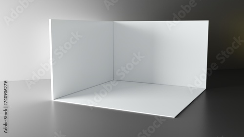 Fototapeta Naklejka Na Ścianę i Meble -  Booth 3d corner. Square corner. 3D exhibition booth. Showroom.  Empty geometric square. Blank box template. White blank exhibition stand. Presentation event room.