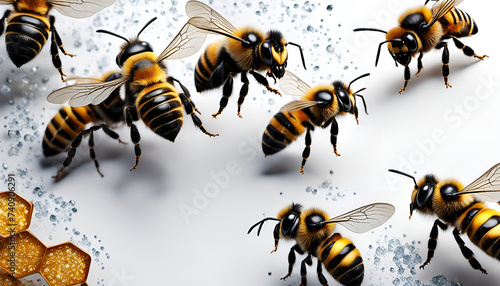 fleißige Bienen Honigbienen Insekten schwirren und fliegen vor Hintergrund in weiß mit Honig und Waben, Makro hübscher Tiere der Natur Nützlinge für Blüten Blumen Bestäubung und Nahrung photo