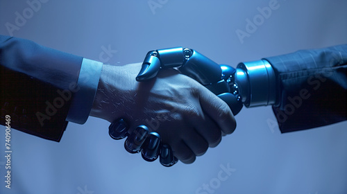 Human and robot handshake on blue background