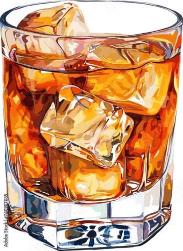 Watercolor glass of summer lemon juice with leaves and whiskey, cocktail.
