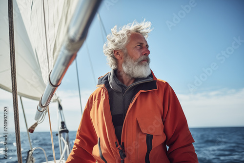 Old man sailing on a sailboat looking at the horizon. Active retirement concept. Senior lifestyle.