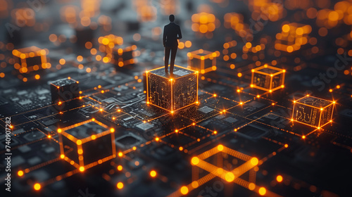 A business man stand over the glowing orange square blockchain technology. Cryptocurrency fintech block chain network and programming concept. Abstract Segwit photo