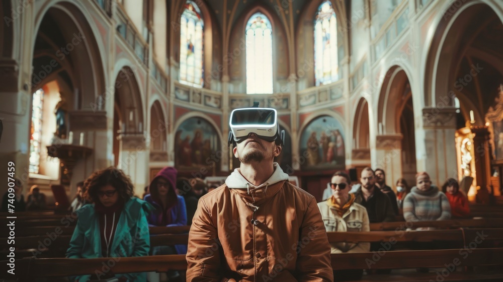 man in a church with virtual reality glasses sitting in high resolution and quality. church concept, culture and religion, Catholics, Christians, 