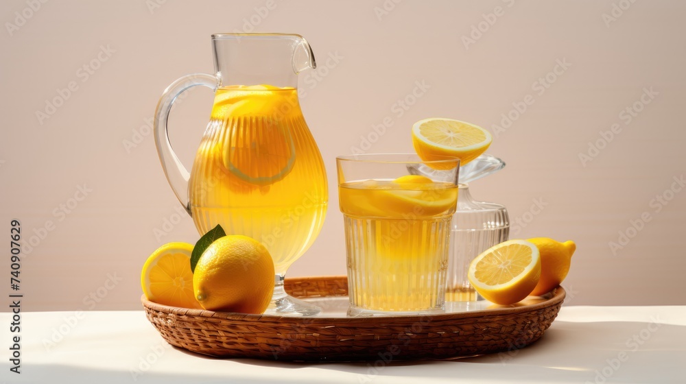 Juice or lemonade in a glass, jug of lemon and lime slices. A refreshing refreshing drink. A healthy organic drink. Proper nutrition and diet. Juice or lemonade in a glass, jug of lemon and lime slices. A refreshing refreshing drink. A healthy organic drink. Proper nutrition and diet.