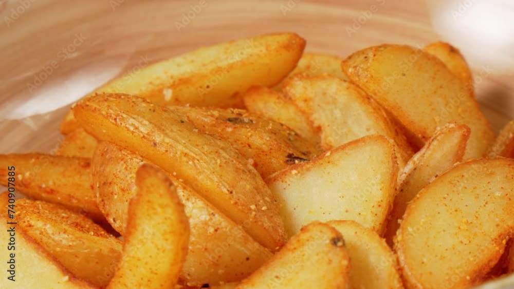 Golden Potato Wedges Served in a Bowl, close up Golden Potato Wedges Served in a Bowl, close up