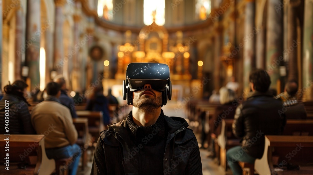 man in a church with virtual reality glasses sitting in high resolution and quality. church concept, culture and religion, catholic, christian, apostolic