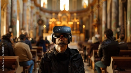 man in a church with virtual reality glasses sitting in high resolution and quality. church concept, culture and religion, catholic, christian, apostolic