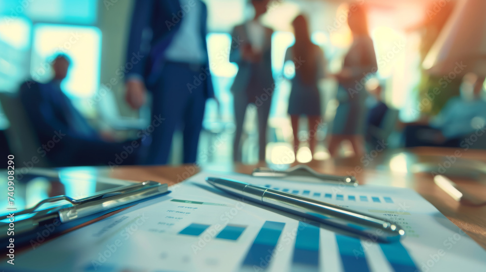 close-up view of a business report with charts and a pen in the foreground, and the blurred silhouettes of businesspeople in the background. close-up view of a business report with charts and a pen in the foreground, and the blurred silhouettes of businesspeople in the background.