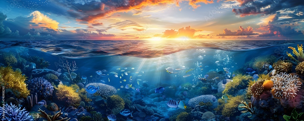 Underwater Scene with Coral Reef at Sunset