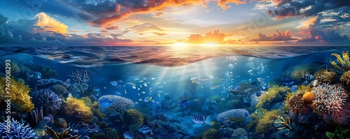 Underwater Scene with Coral Reef at Sunset