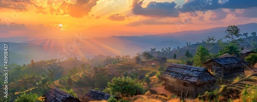 Sunset over Ancient Houses in Rice Terraces Burmese Art Style