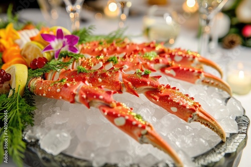 A close-up photograph showcasing an enticingly plated meal on a table, inviting viewers to savor the culinary creation, Gold-leafed king crab legs on ice with tropical garnishes, AI Generated