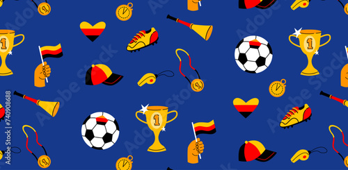Football match championship wallpaper on blue background. Seamless pattern of Germany soccer elements. Sports event and fan culture concept. Design for textile, wallpaper, print.