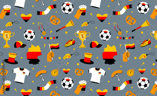 Seamless pattern of Germany soccer elements. Football match championship items on grey background. Sports event and fan culture concept. Design for textile, wallpaper, print.