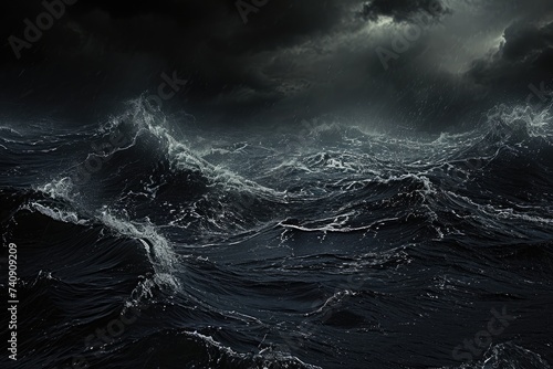 This photo captures the intensity of a black and white storm raging in the vast expanse of the ocean, Gothic style image of a dark and stormy sea, AI Generated