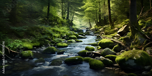  Forest Stream, Enchanted Forest in Germany, A river runs through a forest with moss covered rocks and trees, Tranquil Scene Of Flowing Water In Forest, Generative AI