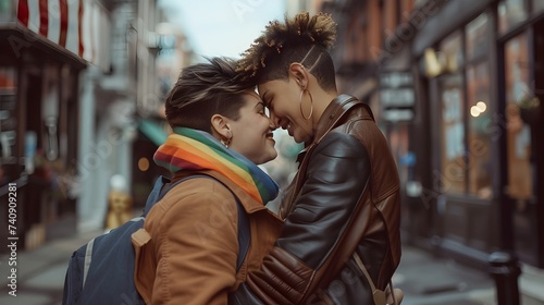 LGBTQ Couple Embracing in the City A Moment of Joy and Acceptance © JubkaJoy