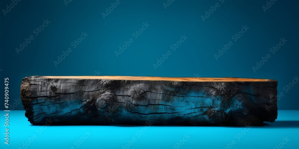 a large burnt slab of wood on a plain turquoise background a large burnt slab of wood on a plain turquoise background