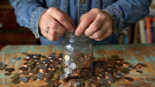 person's hand putting a coin into a glass jar filled with coins