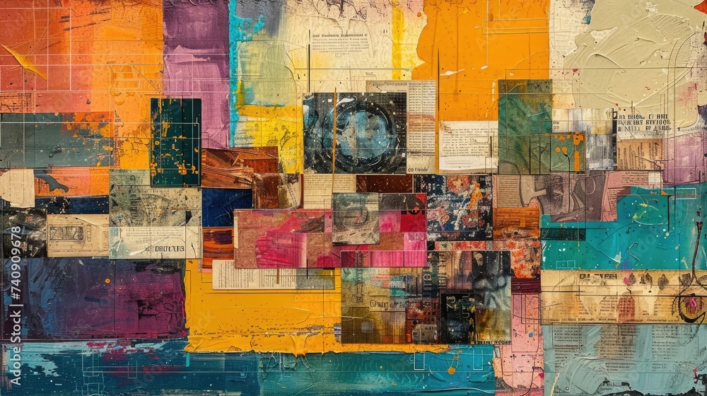 Fototapeta premium Generative AI, colorful grunge magazine collage background. Different textures and shapes