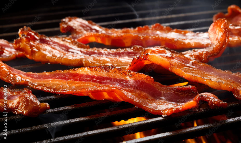 Bacon strips sizzling in a hot frying pan, releasing savory aromas.