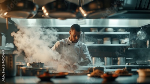 Chef in action wide shot, modern kitchen, chef's whites