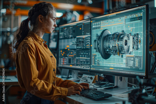 A focused female technician intently studies electronic engineering on her computer screen, surrounded by clothing and immersed in the world of computer hardware, showcasing her expertise in the fiel photo