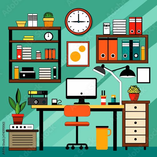 Vector Illustration: Office Workplace Concept - Where Ideas Flourish and Collaboration Thrives