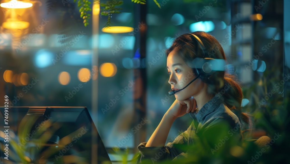 Obraz premium Beautiful asian call center operator wearing headset working at night.