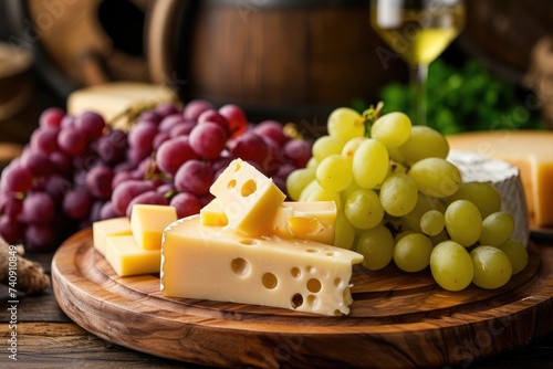 A wooden plate holding a variety of grapes and cheese arranged beautifully, Gourmet pule cheese and grapes on a wooden cheeseboard, AI Generated
