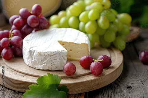 A wooden cheese board with a variety of cheeses and clusters of grapes arranged neatly, Gourmet pule cheese and grapes on a wooden cheeseboard, AI Generated photo