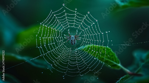 Raindrops cling to a spider's delicate web, transforming it into a glistening masterpiece, emphasizing the intricate connection between nature's elements and its inhabitants