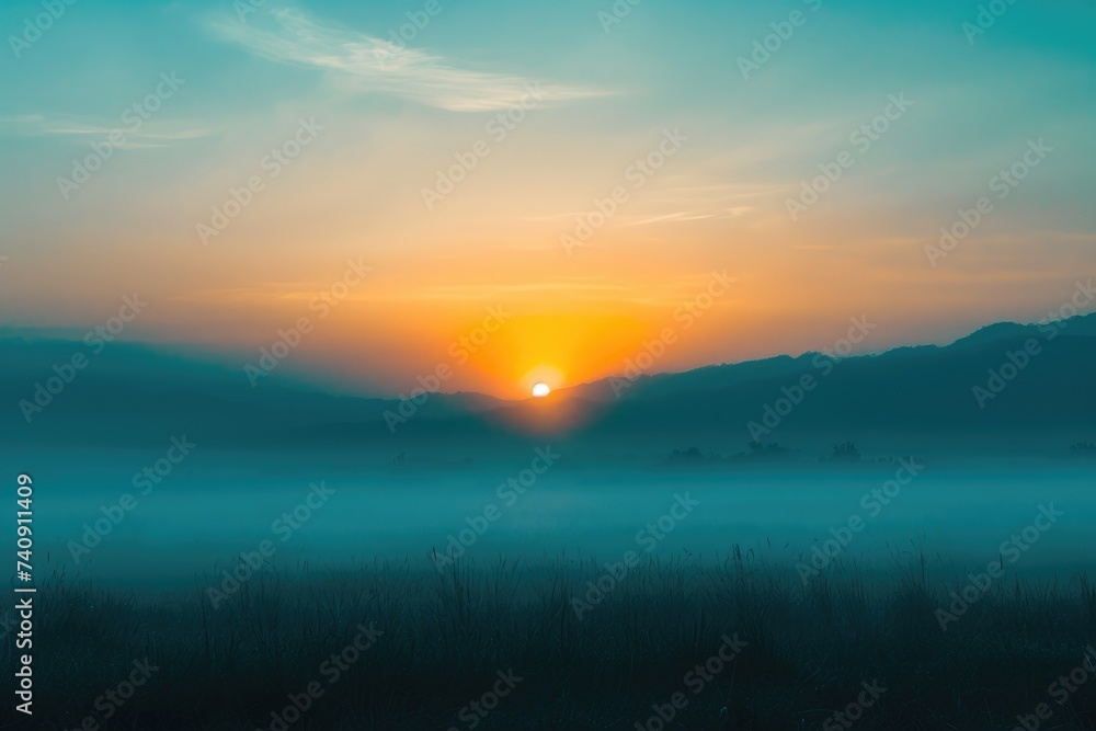 A foggy field with the sun descending below the horizon, creating a mystical and atmospheric scene, Gradient abstract sunrise with misty fog, AI Generated