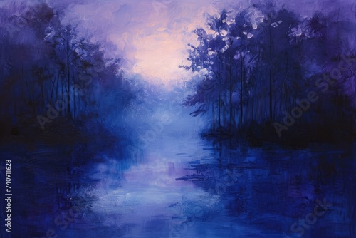 Painting of a River Flowing Through a Forest, Gradual blending of twilight hues - deep purples fading into midnight blues, AI Generated © Iftikhar alam