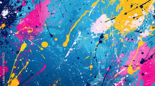 An energetic abstract paint splatter texture background, with splashes of paint creating a lively and creative expression. photo