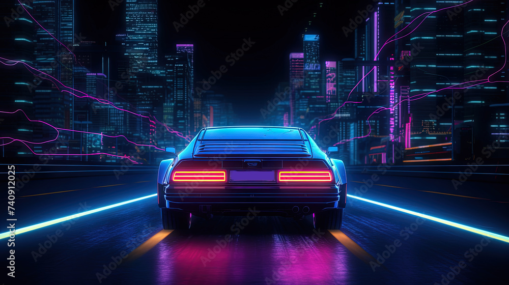 Fototapeta premium Car ride on the neon road in 80s retro synthwave style.