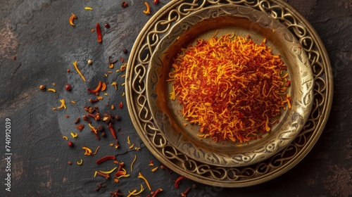 A bright mixture of saffron spices in a decorative bowl with petals and seeds scattered on a dark surface. View from above.