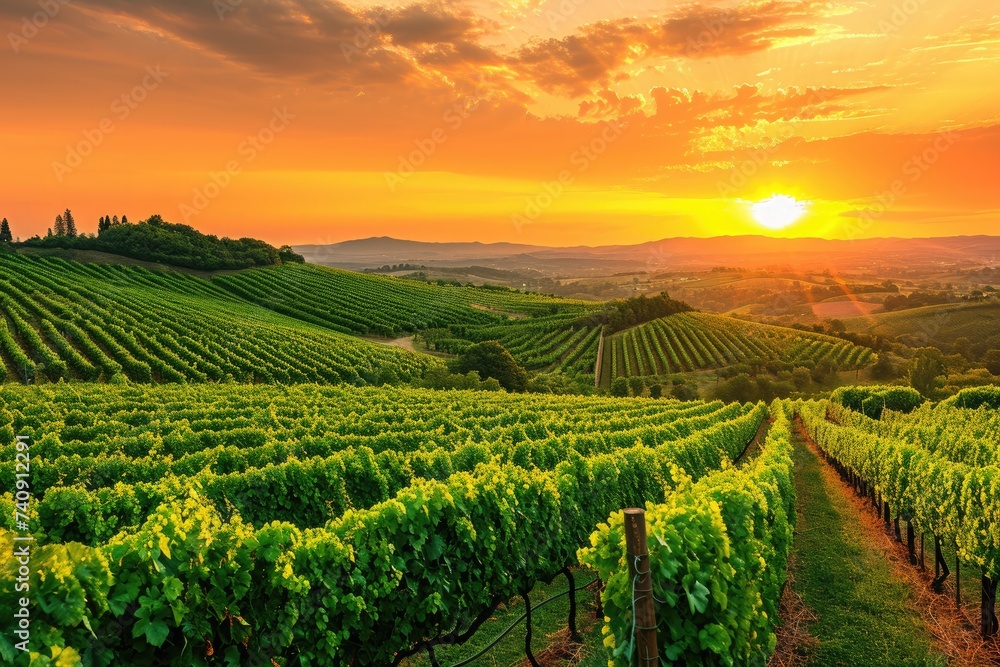 Golden Sun Setting Over a Vineyard, Grape vineyards in the countryside under an orange sunset sky, AI Generated