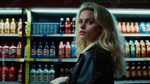 photo of a young brunette beautiful blonde shiny hair woman taken at a convenience store during the night