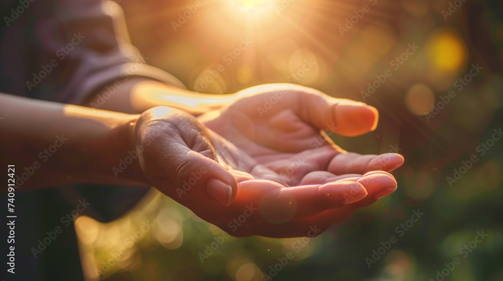 Human hands open palm up worship Eucharist Therapy Bless God Helping Repent Catholic Easter Lent Mind Pray Christian concept background - obrazy, fototapety, plakaty 