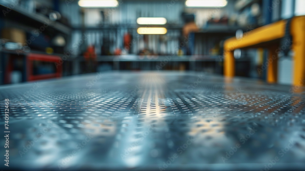 A metal blank tabletop with blurred automotive tools and parts in the background suitable for promoting automotive products A metal blank tabletop with blurred automotive tools and parts in the background suitable for promoting automotive products